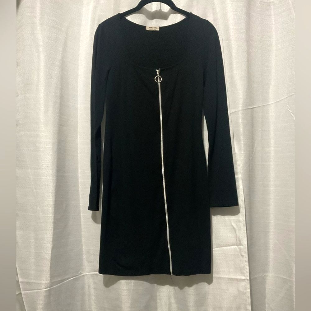 Heart & Hips Black Long Sleeve Mini Dress - Full Zip Front - Size L - Ring Pull